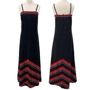 Vintage 70s Maxi Dress Spaghetti Strap Chevron Stripe Hem ILGWU Black Red Small